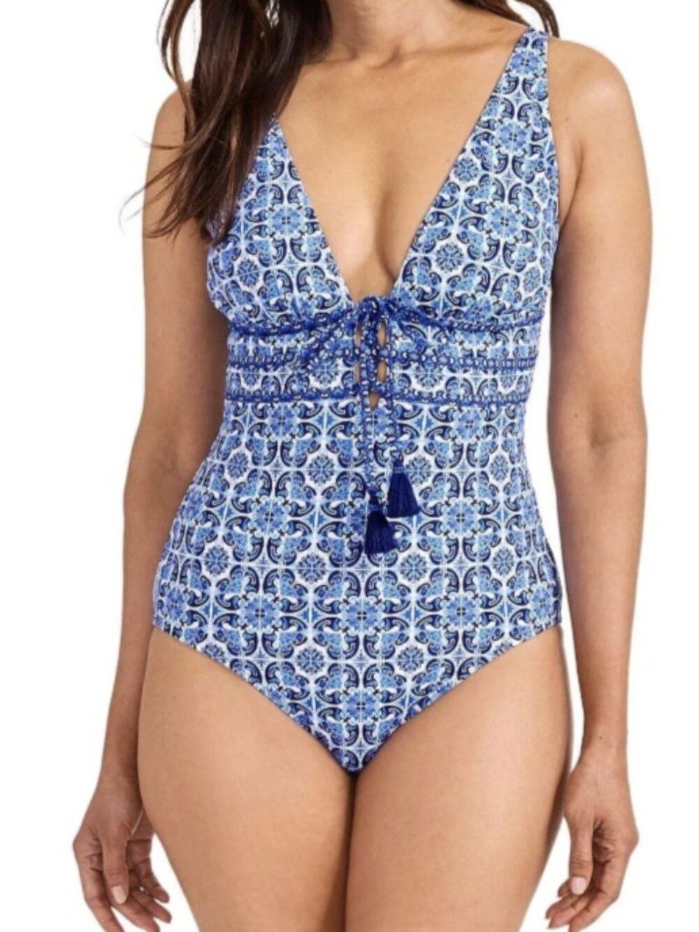 Tommy Bahama E3122 Terrazzo Tile Tie Front One Piece Swimsuit Palace Blue Rev Si